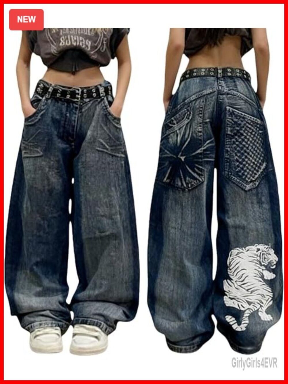 Y2K Skeleton Print Baggy Wide Leg Jeans High Rise Vintage Denim